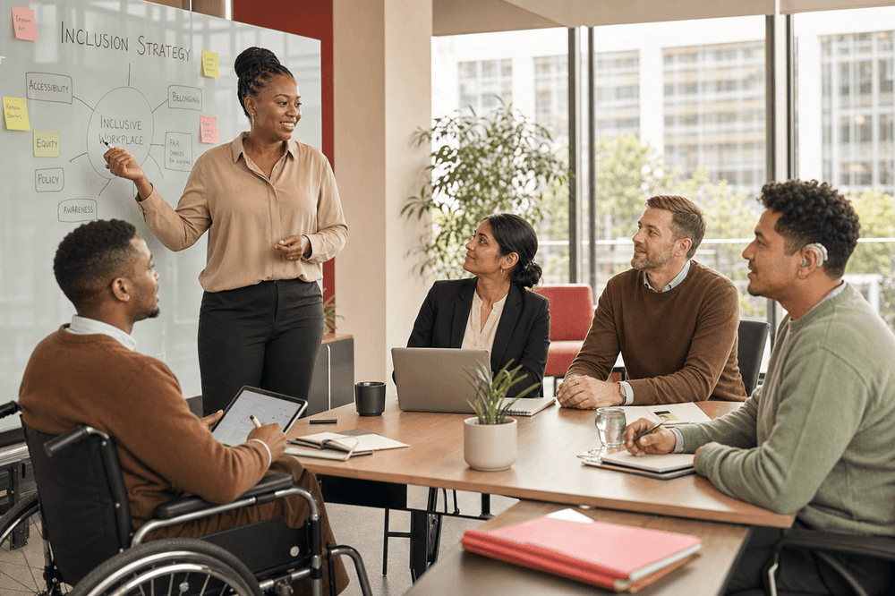 Inclusive advisory strategy session with diverse professionals including a wheelchair user
